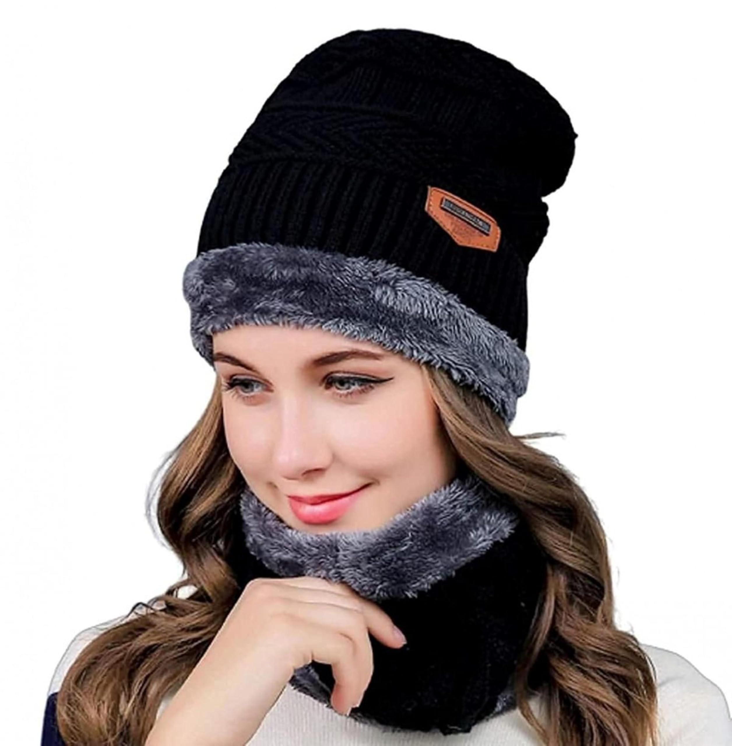 Winter Beanie Cap & Neck Muffler, Soft Woolen Muffler & Cap Scarf Set for Men & Women Velvet Neck Scarf Warmer Set Knit Hat Thick Fleece Lined Winter Hat Free Size
