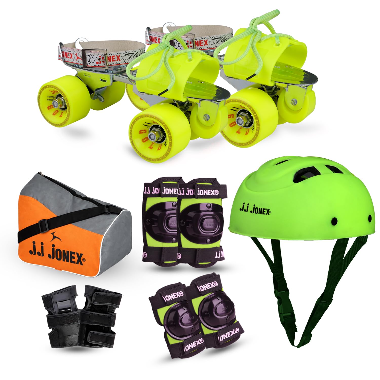 JJ Jonex Gold Adjustable Skates Combo (Green PVC Helmet+Knee pad+Elbow pad +Gloves + Key+Bag) (MYC) (Medium (Age 6-11 Year))-image-32