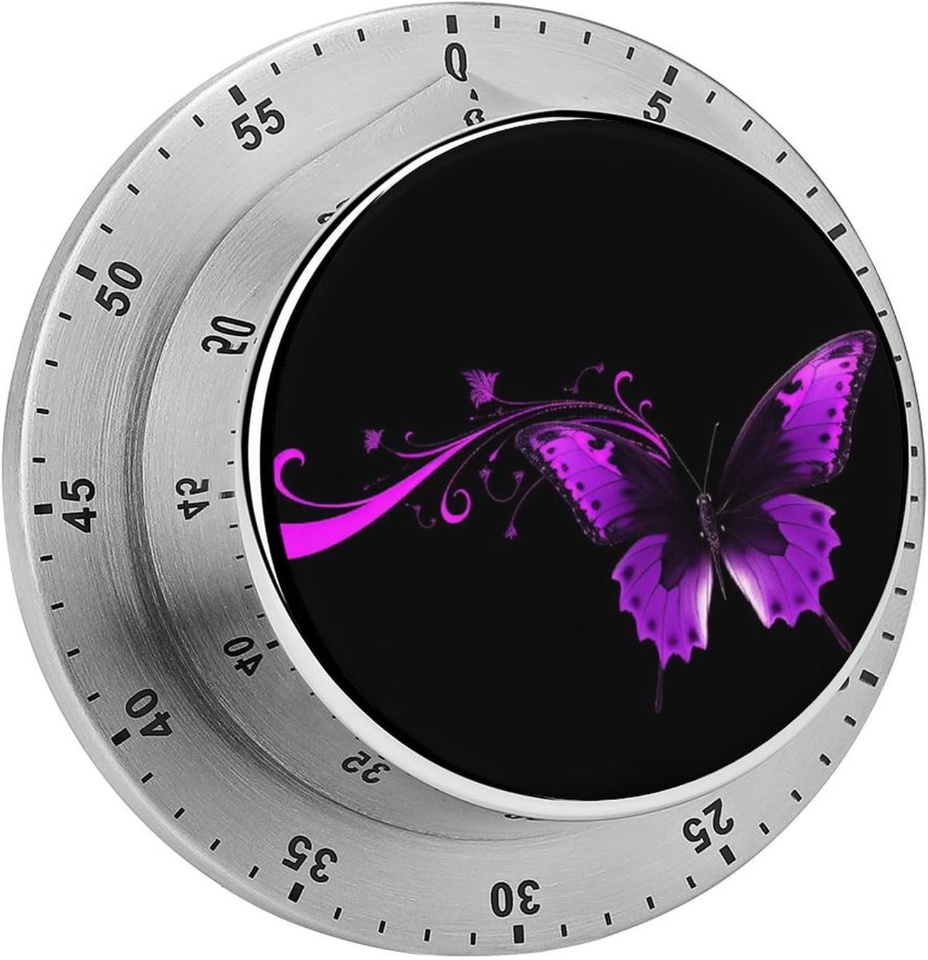 Purple and Black Butterfly Timer Stainless Steel Kitchen Timers Waterproof & Rust-Proof 60 Minute Mechanical Timer with Loud Alarm for Cooking, Baking, Fitness