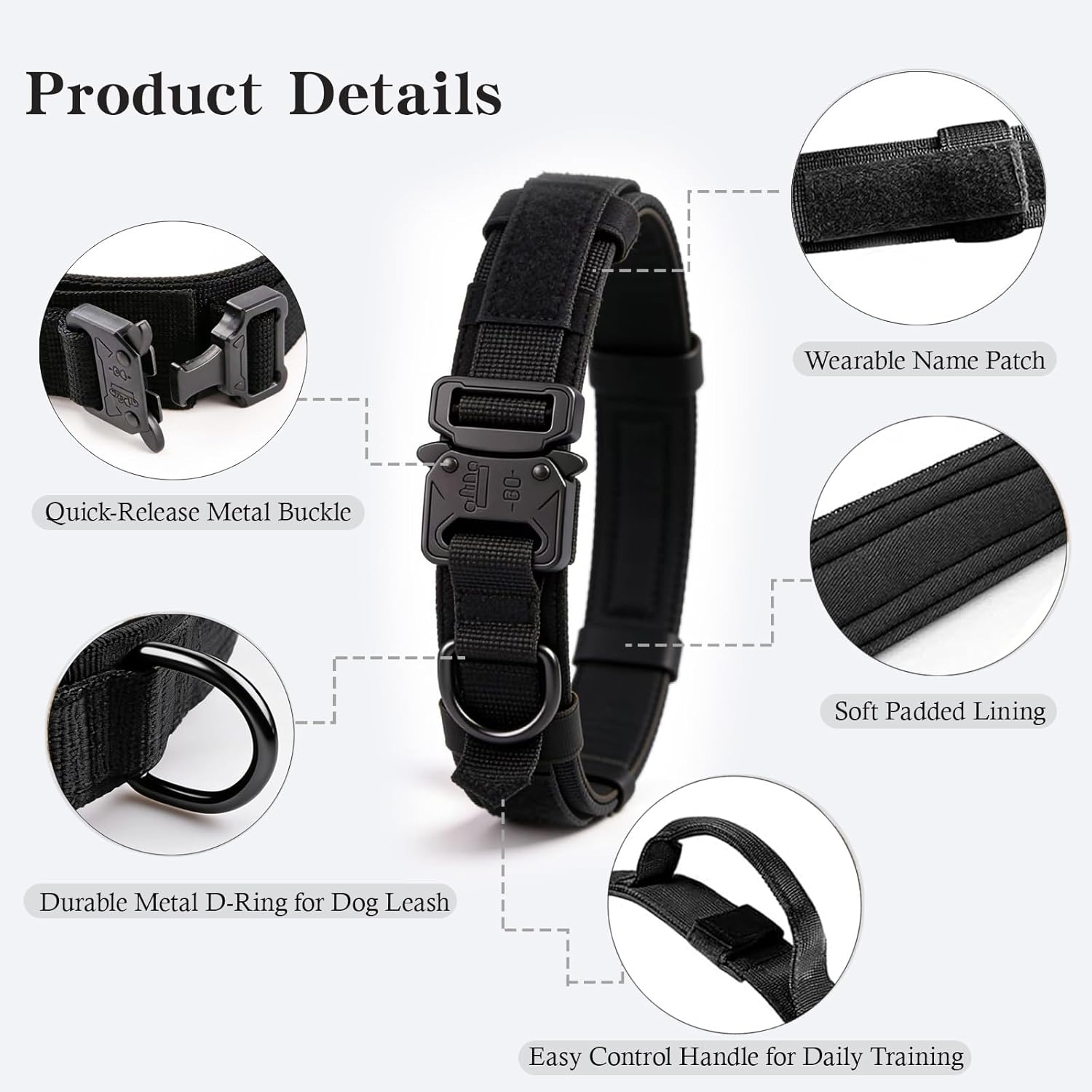 Xqpetlihai Tactical Dog Collar and Leash Set Adjustable Military Nylon Dog Collar with Control Handle and Heavy Duty Metal Buckle for Large Dogs （Black L