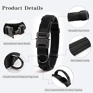 Tactical Dog Collar for Large Dogs with Control Handle,Black,S