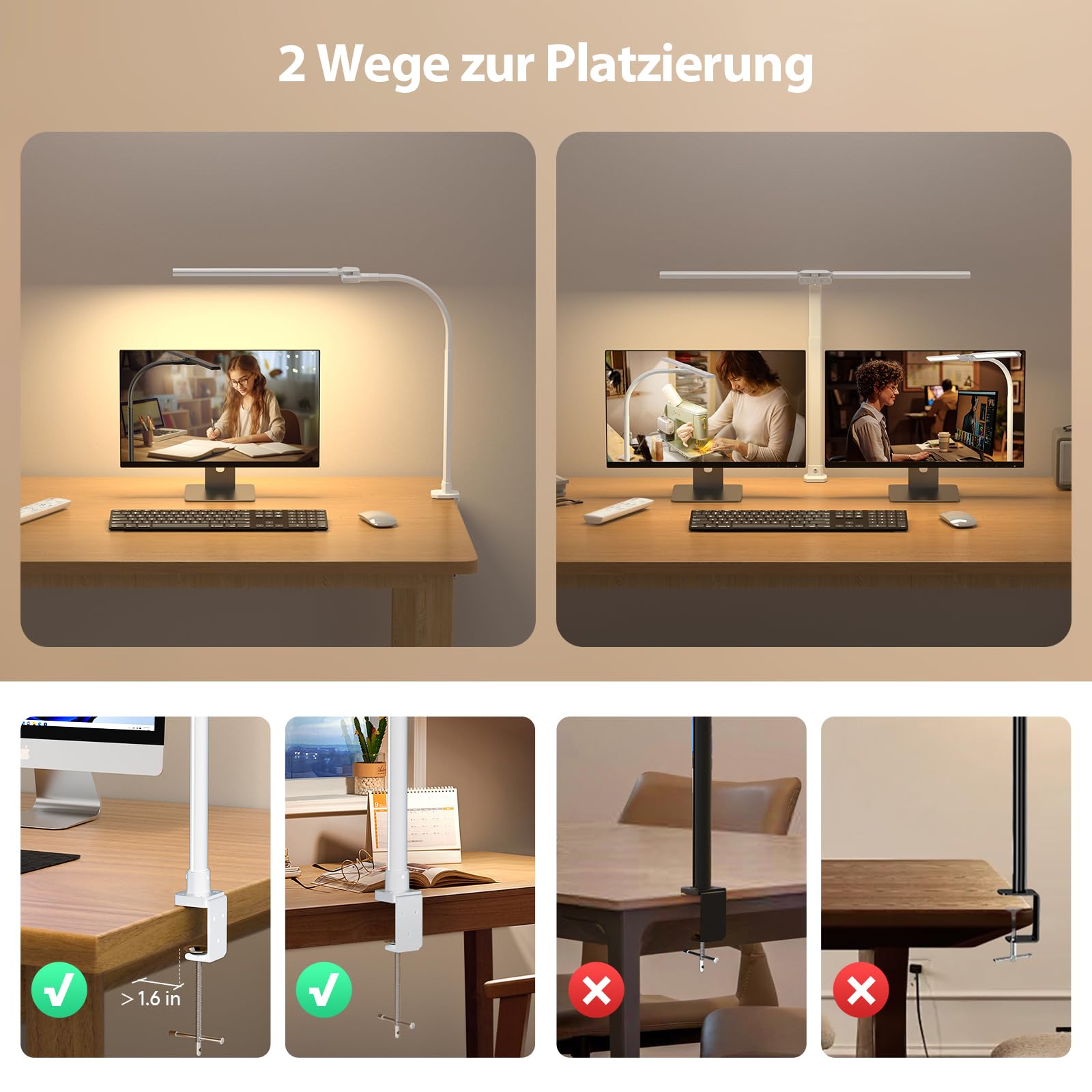 SIBRILLE Lámpara de escritorio RGB de doble cabeza LED regulable, 22 W 80 cm, lámpara de luz diurna con mando a distancia, lámpara de mesa giratoria, protección ocular, cuello de cisne