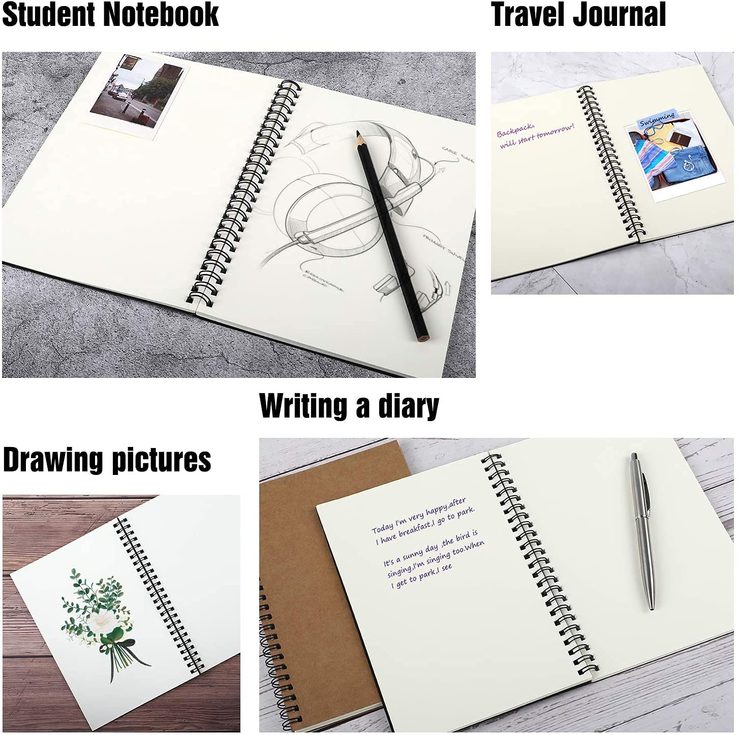 AccuPrints Paquete de 3 cuadernos universitarios en espiral, A5, tamaño 5.5 x 8.2 pulgadas, en blanco, cuaderno de escritura de viaje, diario, bloc de notas, cuaderno de bocetos, para estudiantes,