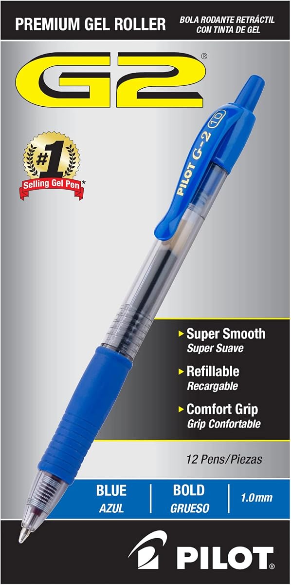 G2 Premium Gel Roller Pens, Blue Ink Pens Bold Point, Pack of 12