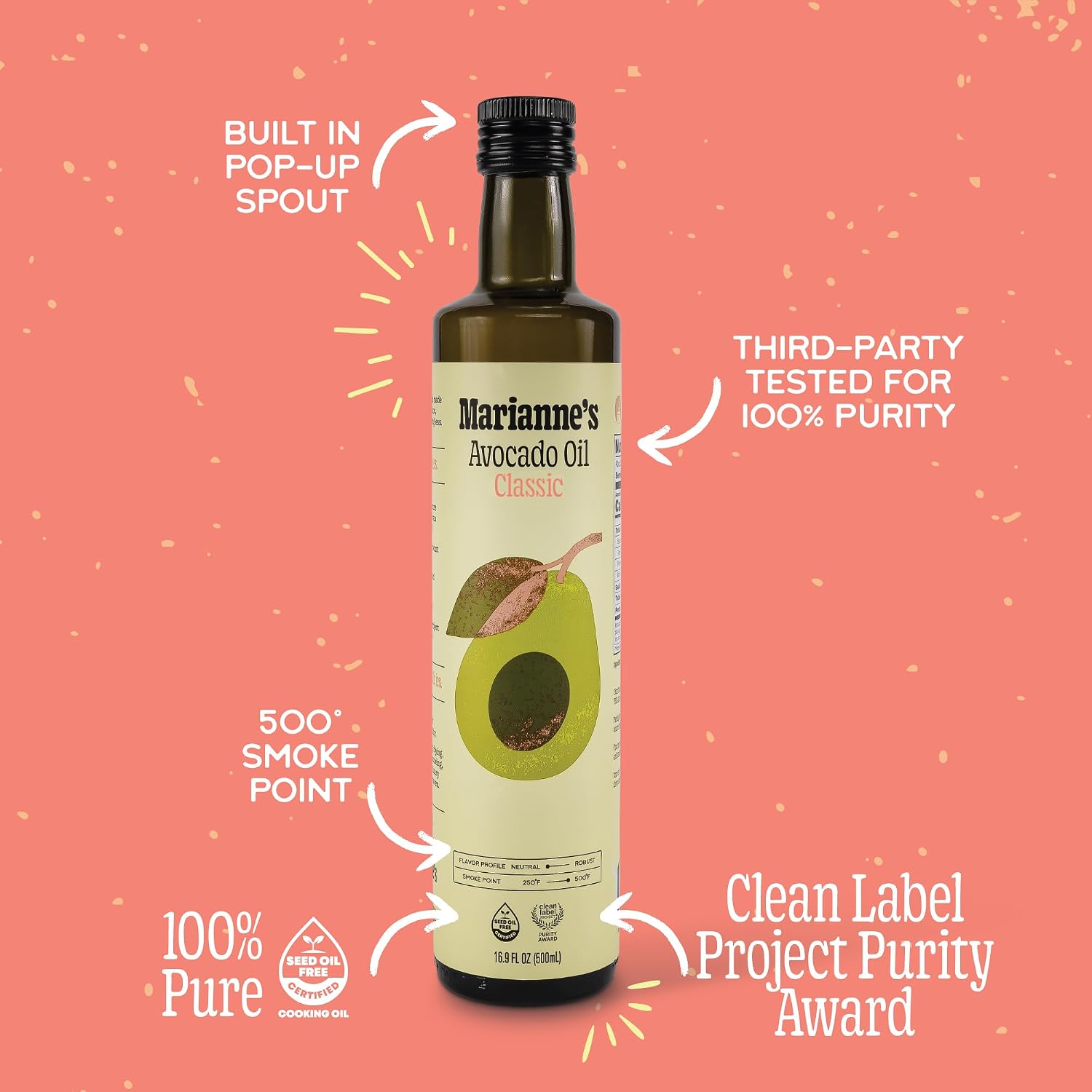 Marianne’s Classic Avocado Oil: 100% Pure Avocado Cooking Oil for Frying, Sautéing & Baking, Neutral Flavor, High-Heat Performance Up to 500°F, Clean Label Project Purity Award, Easy-Pour Bottle thumbnail