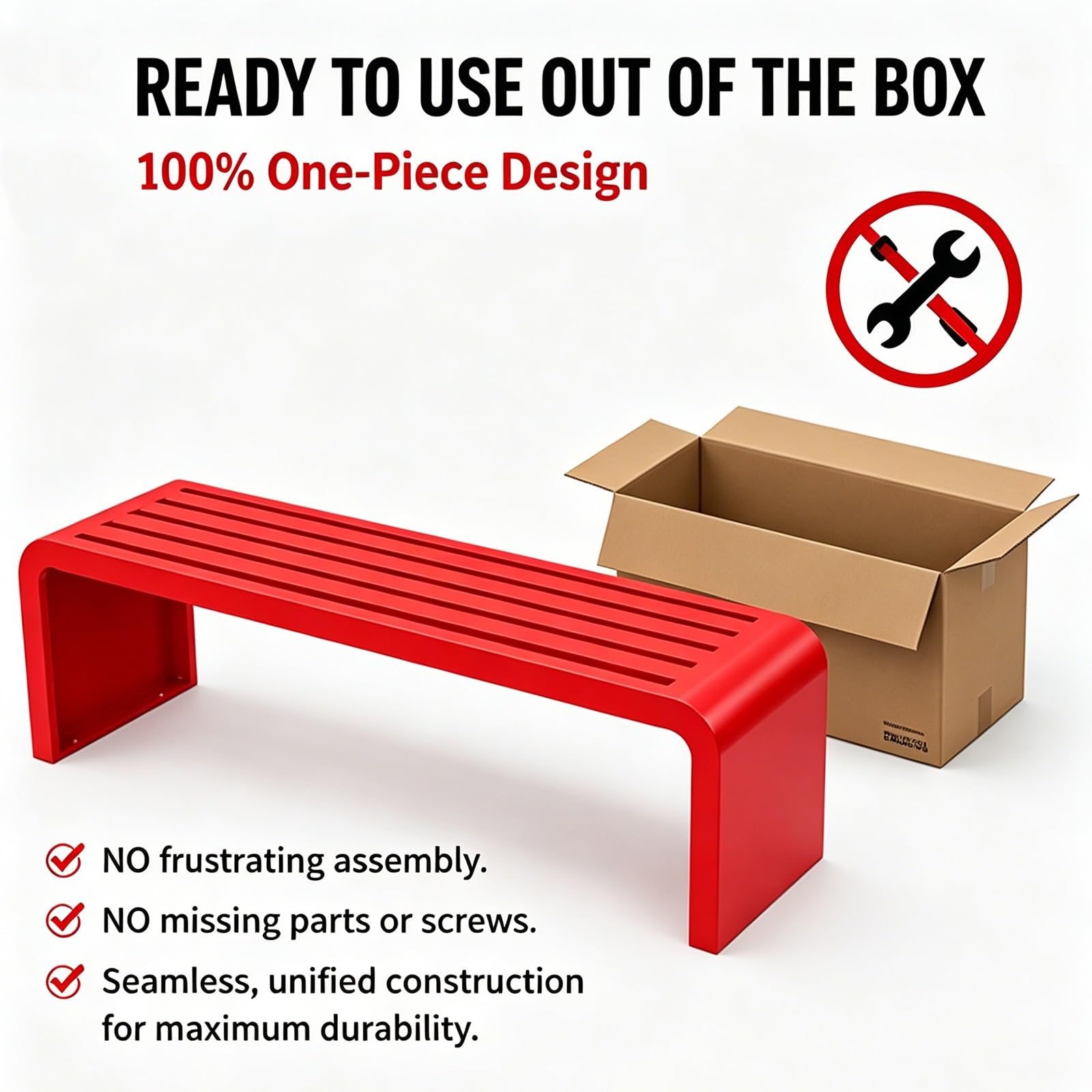 Banco de jardín de metal rojo para patio al aire libre, capacidad de 660 libras, asiento para todo tipo de clima para porche, parque, balcón, 70 pulgadas de largo y diseño