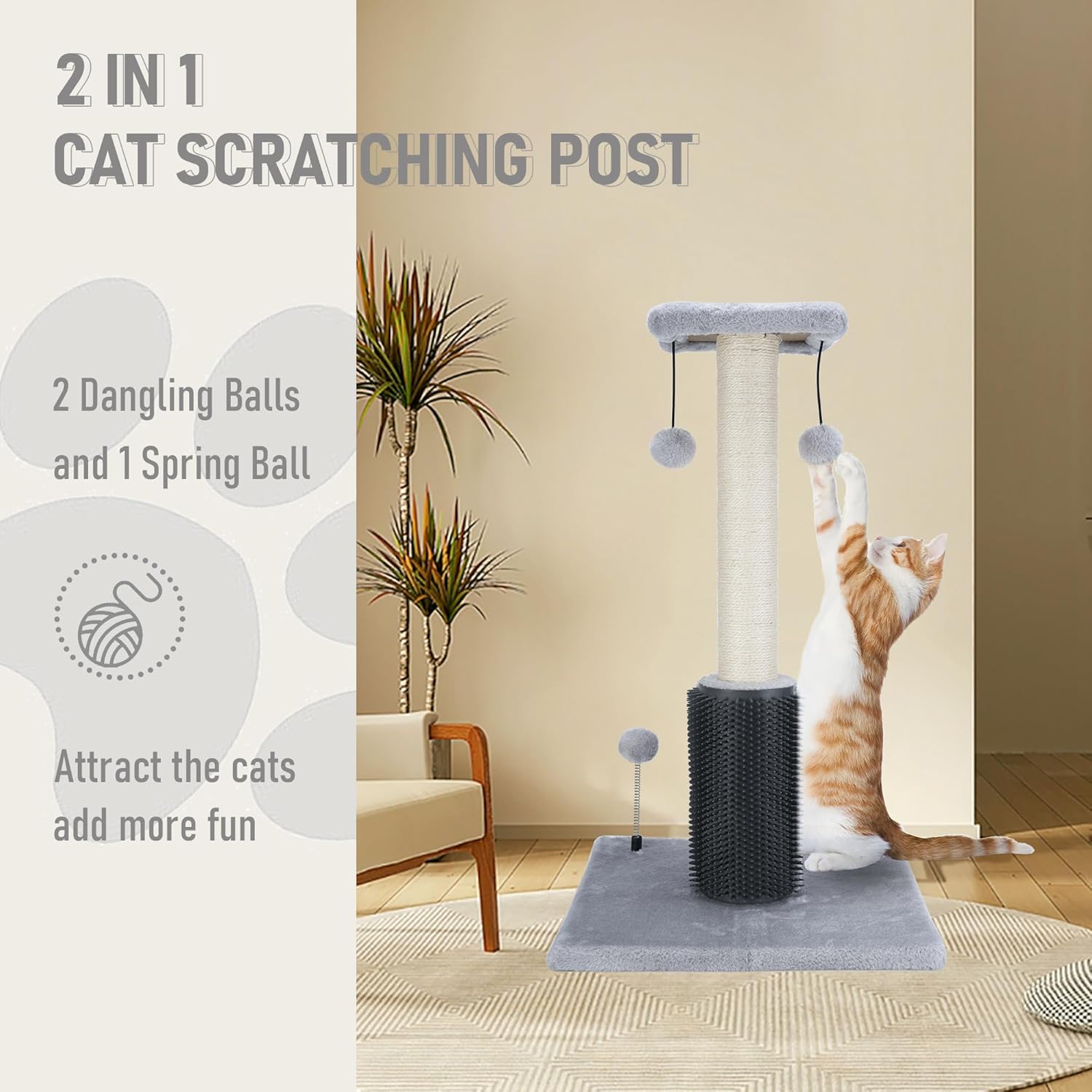 Dimaka 27" Tall Cat Scratching Post, Plush Top Perch and Bottom Soft Brush, Vertical Sisal Rope Scratch Posts with Balls for Indoor Cats and Kitten (Grey)