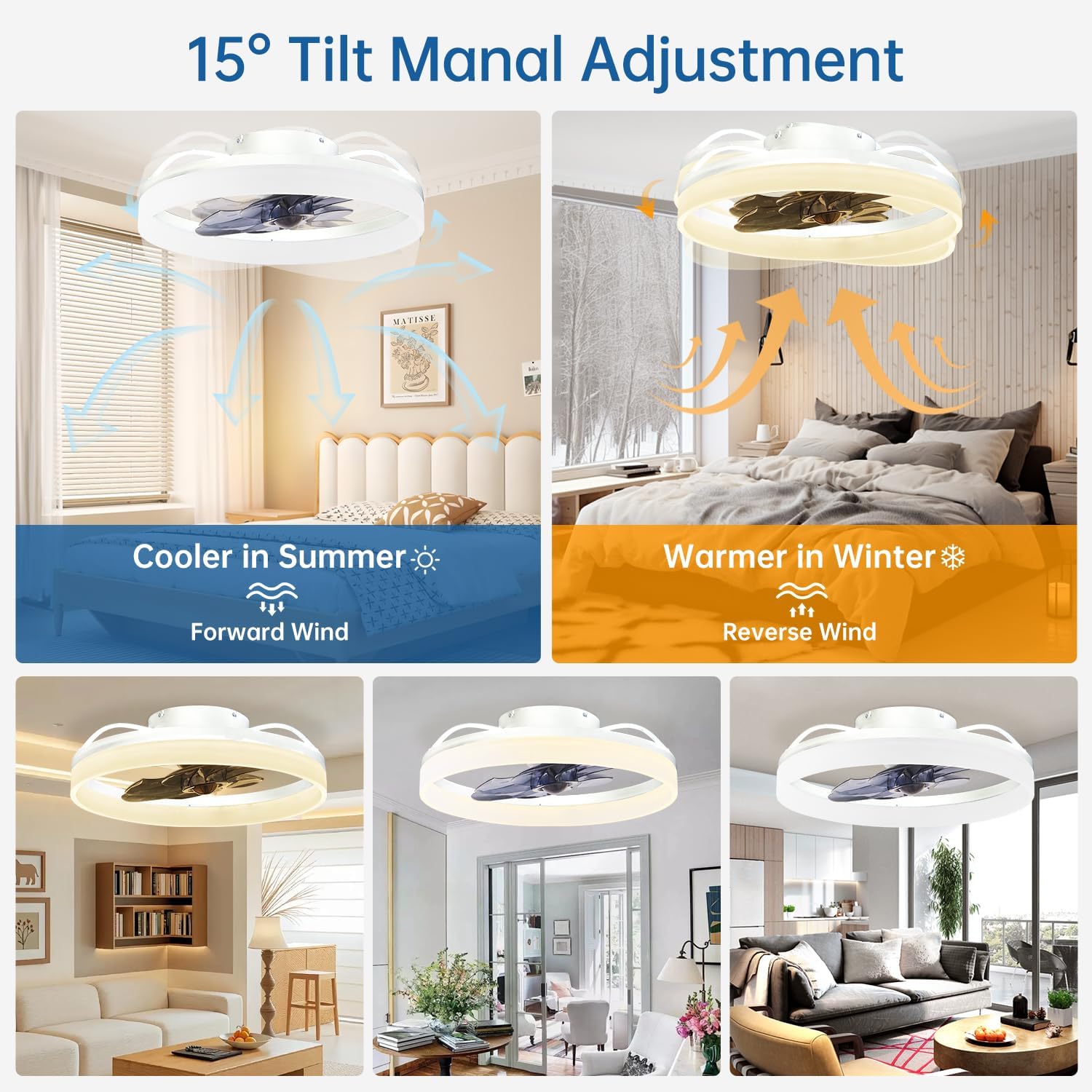 Smart Ceiling Fan with Lights and Alexa Assistant/APP/Remote Control Low Profile Fan with 6 Speeds, 15° Tilt Manal Adjustment, Stepless Color Temperature Change for Home, Office White
