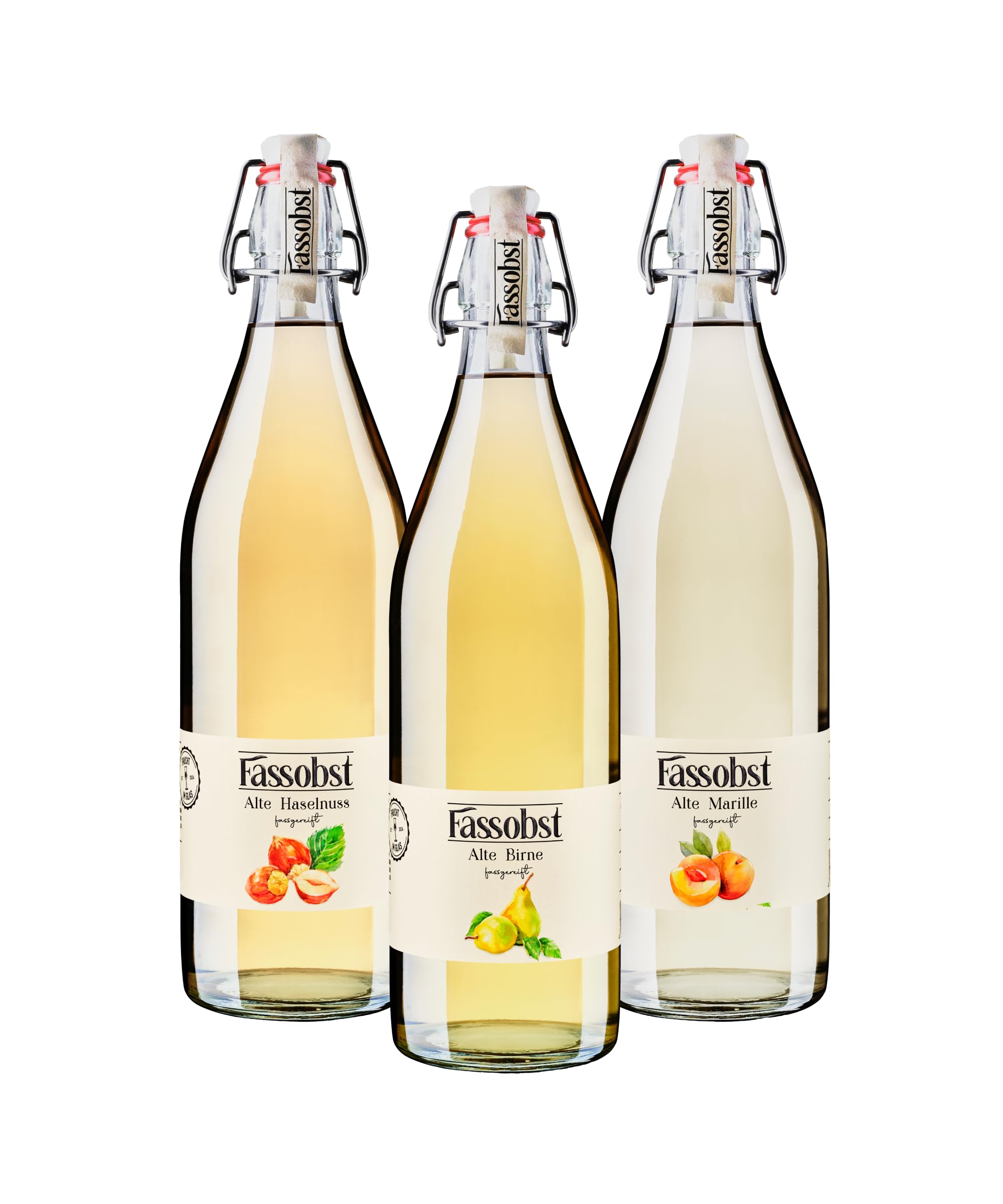 Fassobst Alte Birne, Marille & Haselnuss im Probier-Paket - Schnaps in der Bügelflasche mit intensivem & feinem Aroma, fassgereift im Schwarzwald (3 x 1,0l)