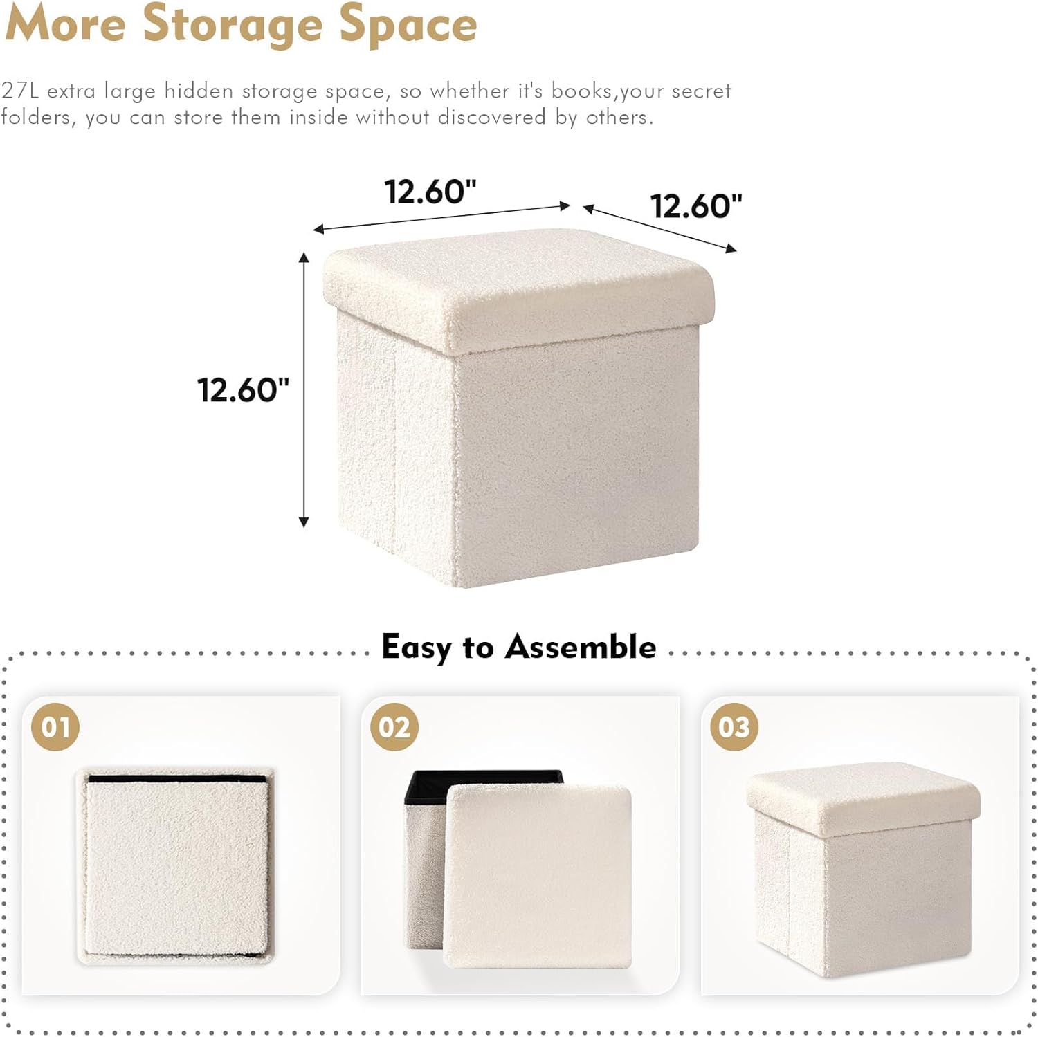 B FSOBEIIALEO Small Storage Ottoman Cube Sherpa Ottomans Foot Rest, Foldable Boucle Ottoman, Faux Teddy Fur, Cream White 12.6"x12.6"x12.6" - Image 3