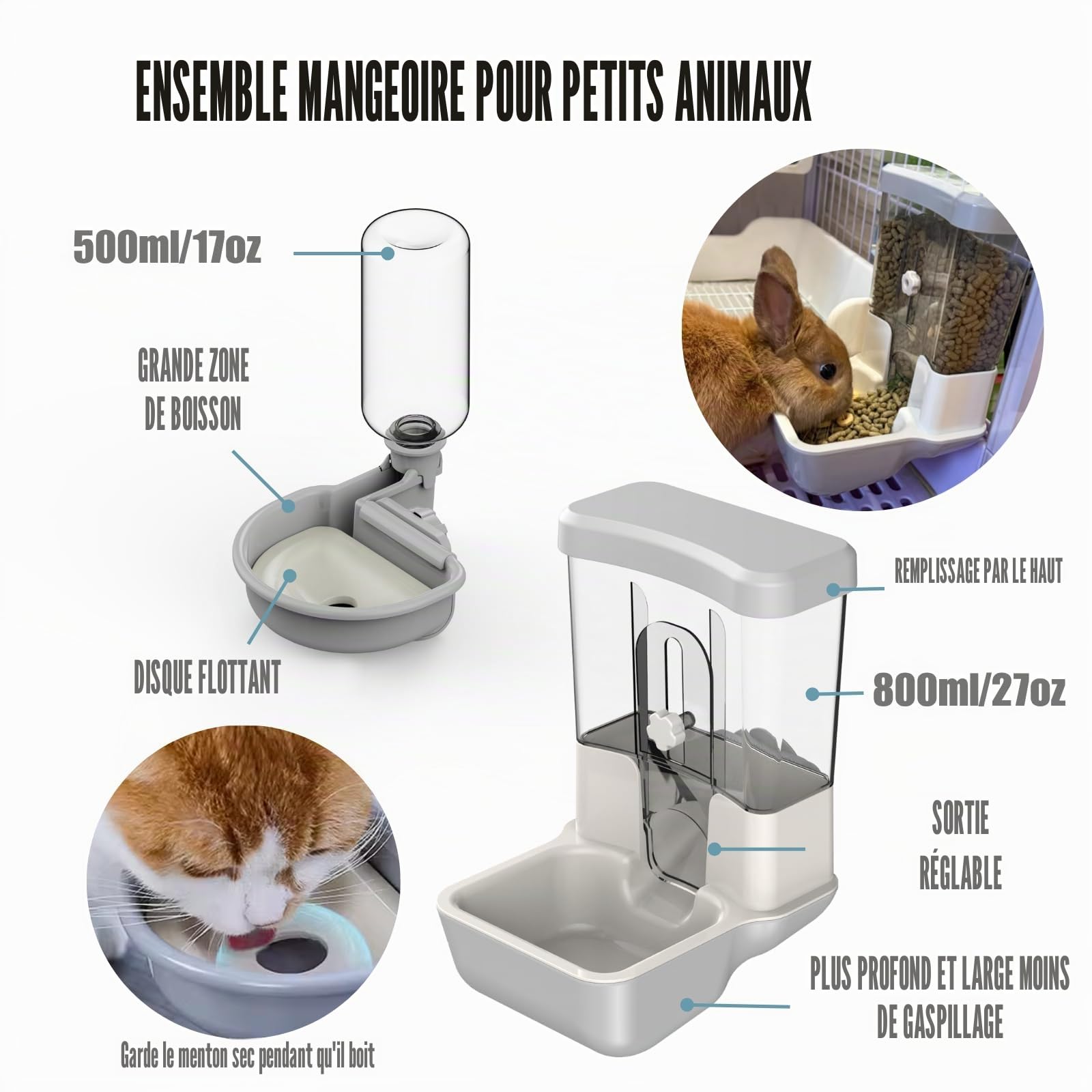 Distributeur Automatique de Nourriture et d'eau pour Animaux de Compagnie, Ensemble de Fontaine à Gravité pour Chien, Chat, Lapin, Cochon d'Inde, Chinchilla, Furet, Hérisson (Gris)