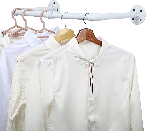 WEBI Perchero de montaje en pared blanco, 24 pulgadas de tubería industrial para colgar ropa, barra de hierro resistente, barra de ropa de