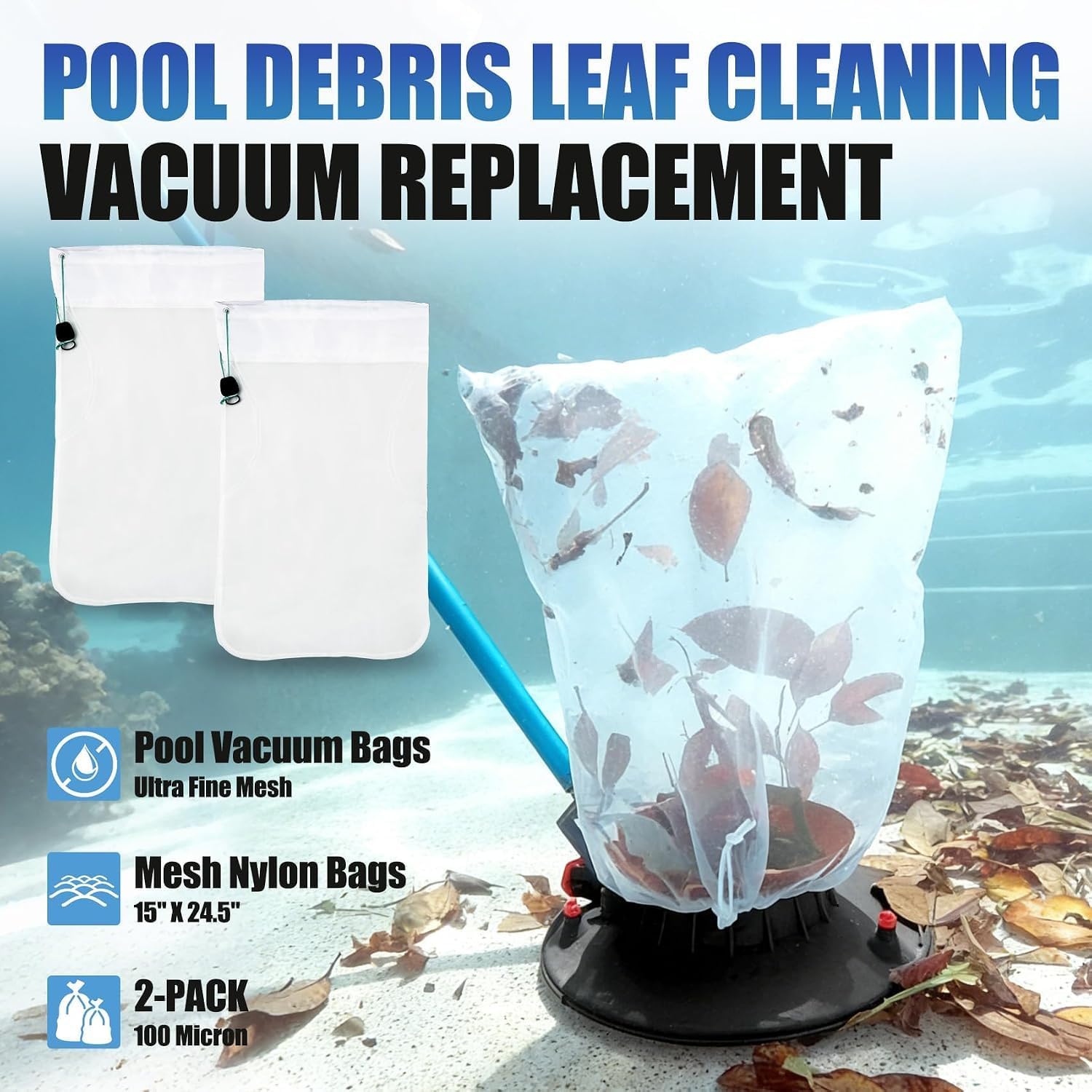 Pool Debris Leaf Cleaning Vacuum, Mesh Nylon Bags 15" X 24.5" 100 Micron image 3