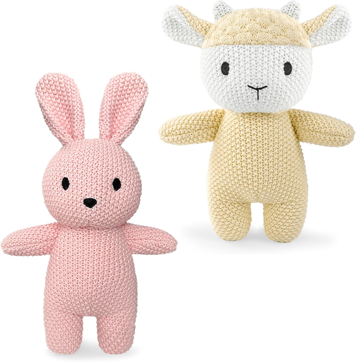 2 Pack Cotton Baby Plush Stuffed Animals Cute Bunny and Huggable Sheep Knitted Plush Toy Gifts for Kids and Newborns, Handmade Crochet Doll for Christmas, Easter (Rabbit+Sheep)