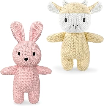 2 Pack Cotton Baby Plush Stuffed Animals Cute Bunny and Huggable Sheep Knitted Plush Toy Gifts for Kids and Newborns, Handmade Crochet Doll for Christmas, Easter Rabbit+Sheep