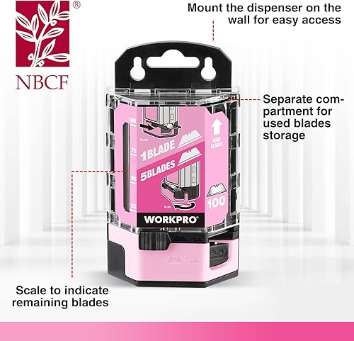 Miniatura 4 de WORKPRO Cuchillas para cuchillos utilitarios, paquete de 100 cuchillas de repuesto con dispensador, acero al carbono SK5, cinta rosa