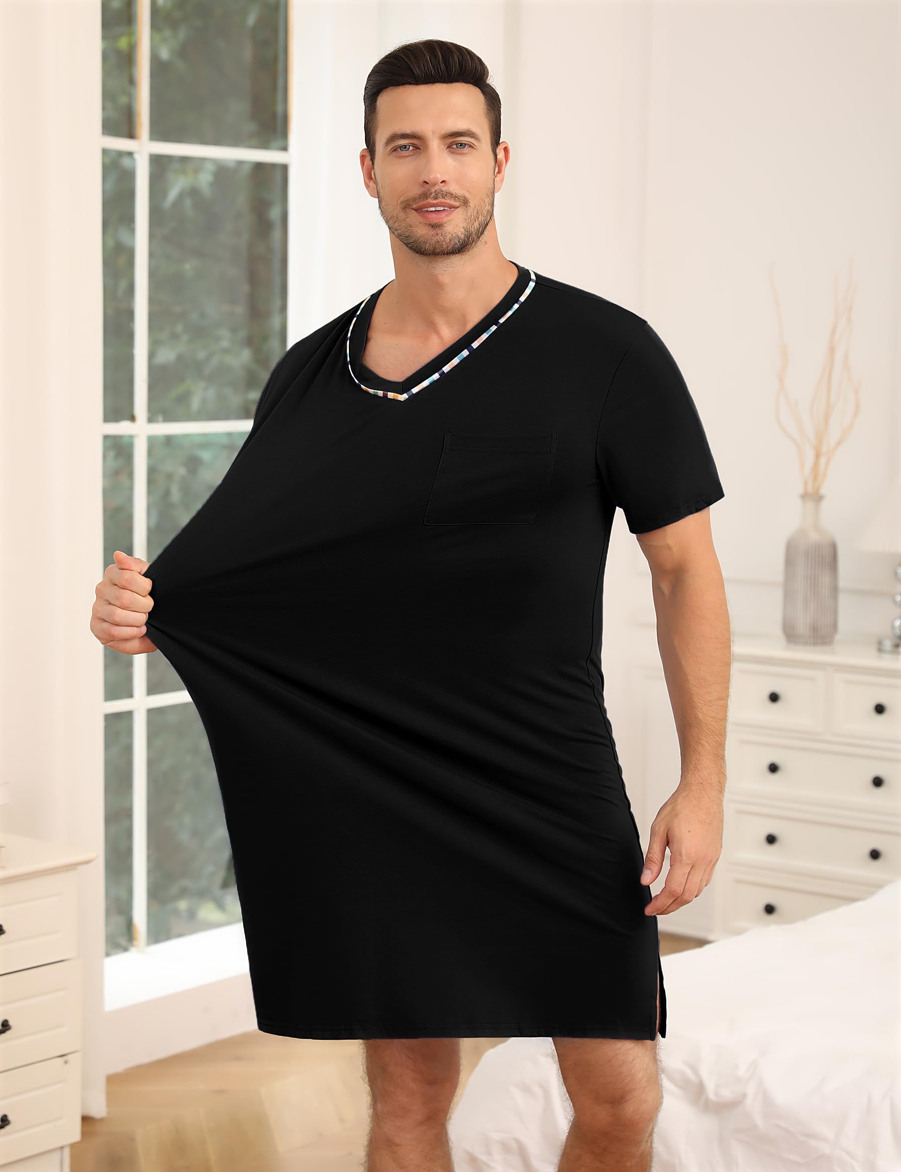 Demegimi Camicia da Notte da Uomo Estivo Pigiama Lungo Top in Cotone Pigiama da Uomo e Scollo a V Maniche Corte Abbigliamento da Notte Cotone