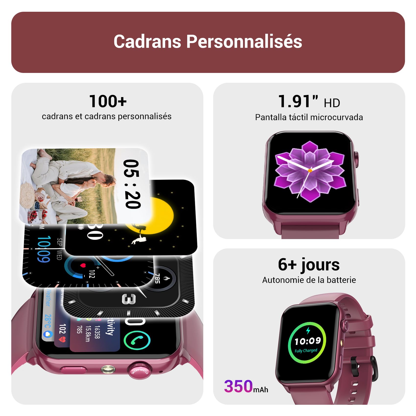 IOWODO Montre Connectée Femme, Appel Bluetooth, Écran 1.85" à LCD, Notifications Réseaux Sociaux, Cardiofréquence/Oxymètre/Analyse Sommeil, 100+ Modes Sports, pour Android& iOS(Violete)