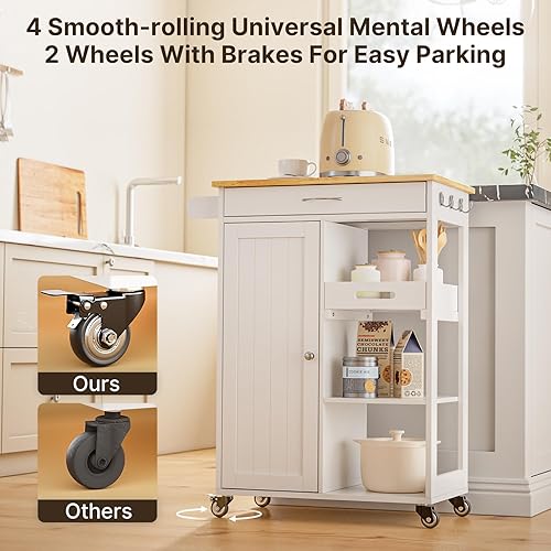 Miniatura 5 de Gizoon Carrito de isla de cocina con bandeja extraíble, carrito de 27.6 pulgadas de ancho con cajón, gabinete, toallero, ganchos y 3 estantes de