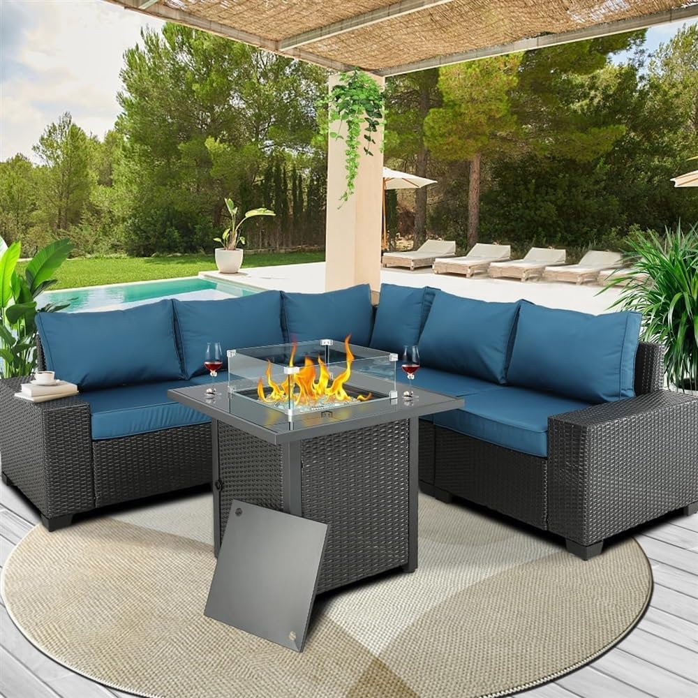 6 Pieces Outdoor Furniture Patio Furniture Sets, Wicker Patio Conversation Set, Outdoor Sectional for Backyard Lawn Poolside with Firepit Table