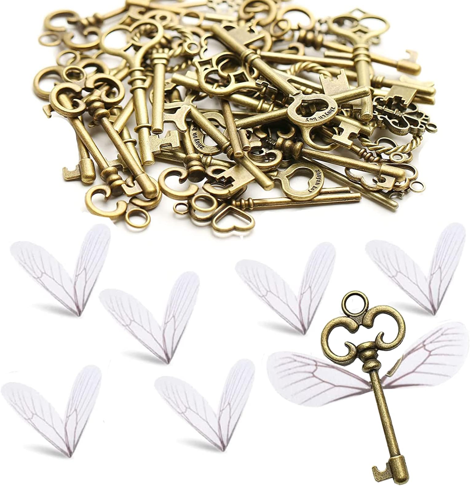 Set of Vintage Skeleton Keys Flying Keys Charms With Dragonfly Wings and Elastic Crystal String for DIY Wedding Party Decorations