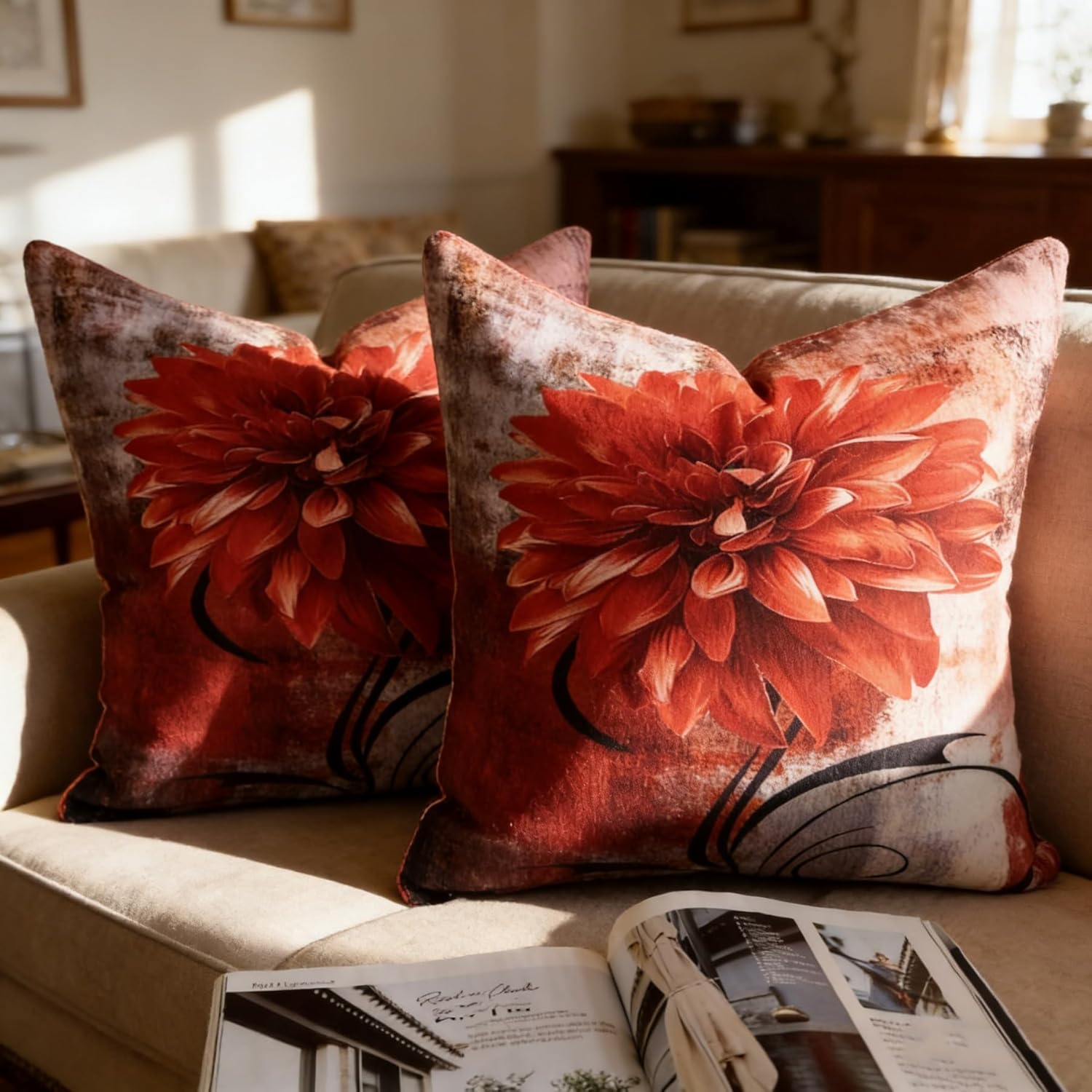 OYIMUA Soft Decorative Chenille Red and Grey Throw Pillow Covers 22x22 Set of 2 Vintage Abstract Flower Pillow Case for Couch Sofa Bedroom Living Room Home Decor Accent Pillows