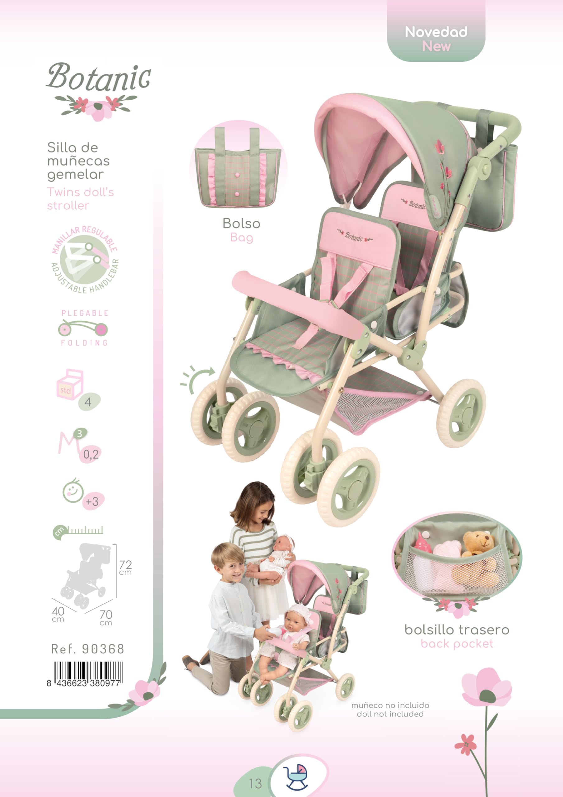 Carro de Muñecas Silla Gemelar Plegable con Bolso Botanic DeCuevas 90368