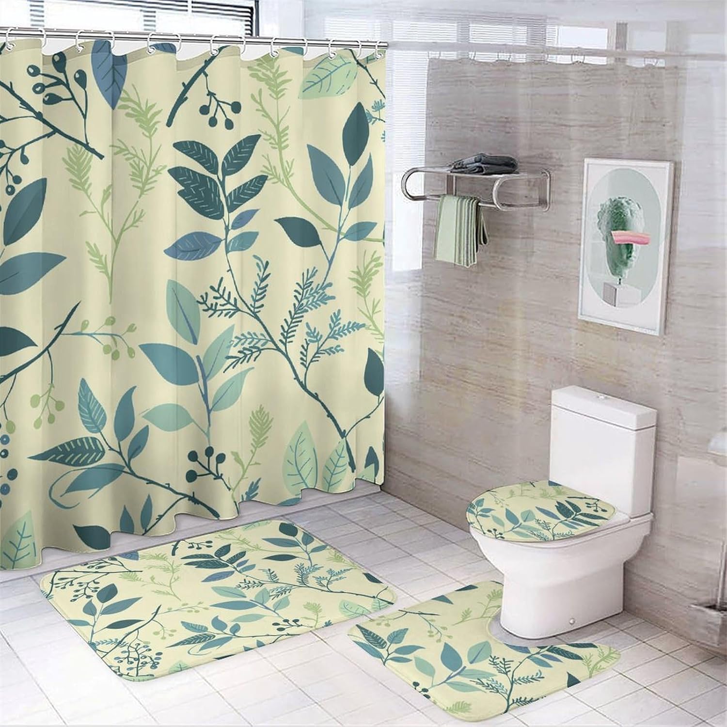 Four Piece Bathroom Set with Toilet Lid Cover and Non-Slip Rugs Minimalist Shower Curtain for Bathroom Set