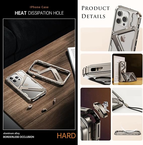 Metal Case for iPhone 15 Pro Max/15 Pro, Aerospace Aluminum Alloy Anti-Fall Bezel Hollow Heat Dissipation Design Sleek Minimalist Slim Lightweight Case with Safety Lock