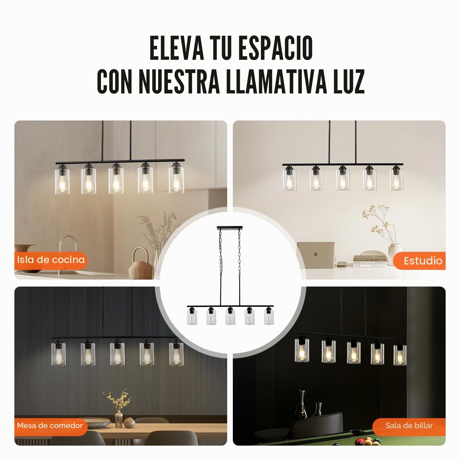 VEVOR Luces Colgantes de Isla de Cocina de 5 Luces, 60 W, Lámpara de Comedor Ajustable con Pantalla de Vidrio Transparente, 4 Varillas, 2 Cadenas de Metal, Luces con Marco de Metal para Comedor, E27