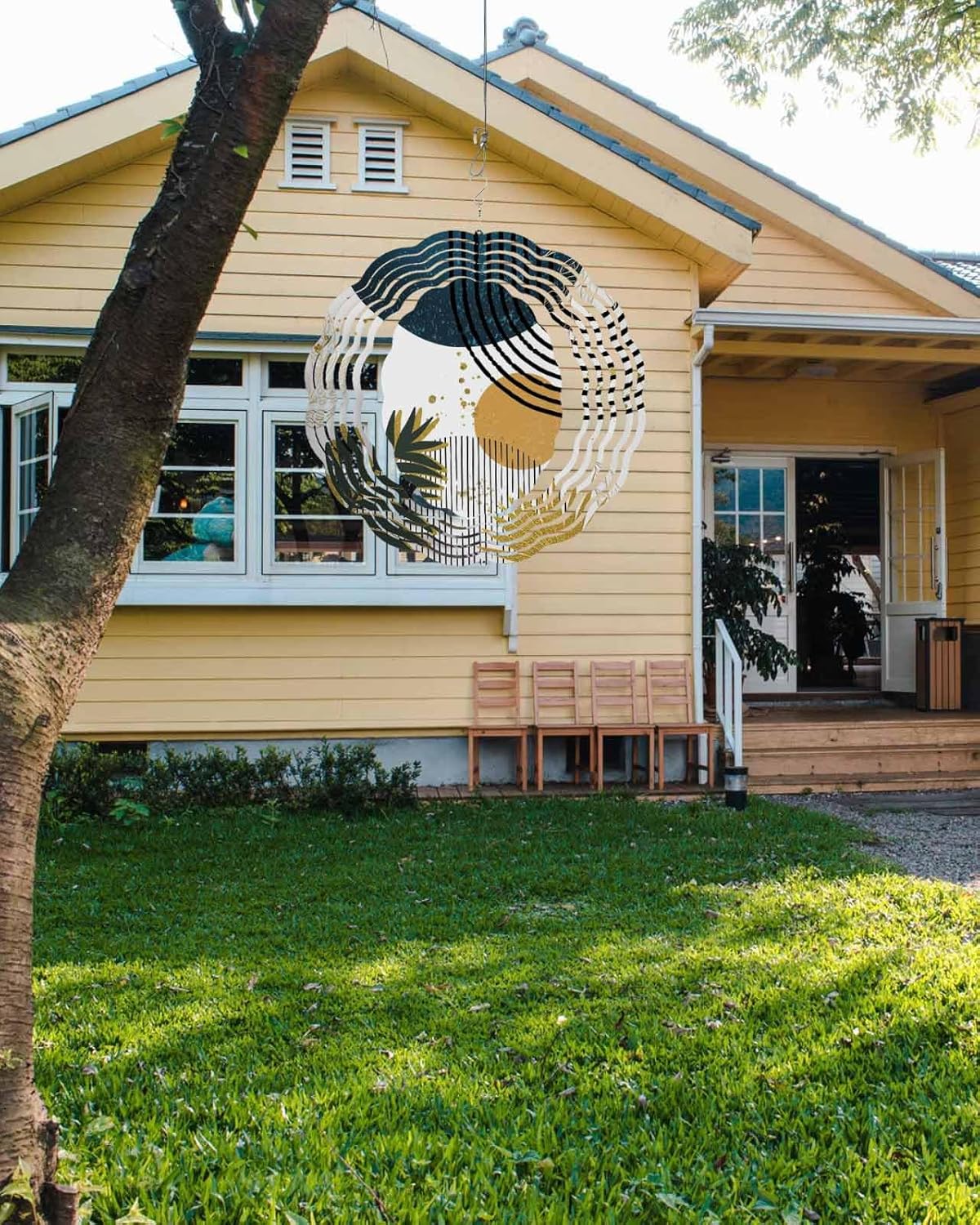 庭の庭用ボヘミアンウィンドスピナー、ブルー水玉トロピカルプラント 3Dステンレススチールラウンドハンギングスピナー屋内屋外キネティッ