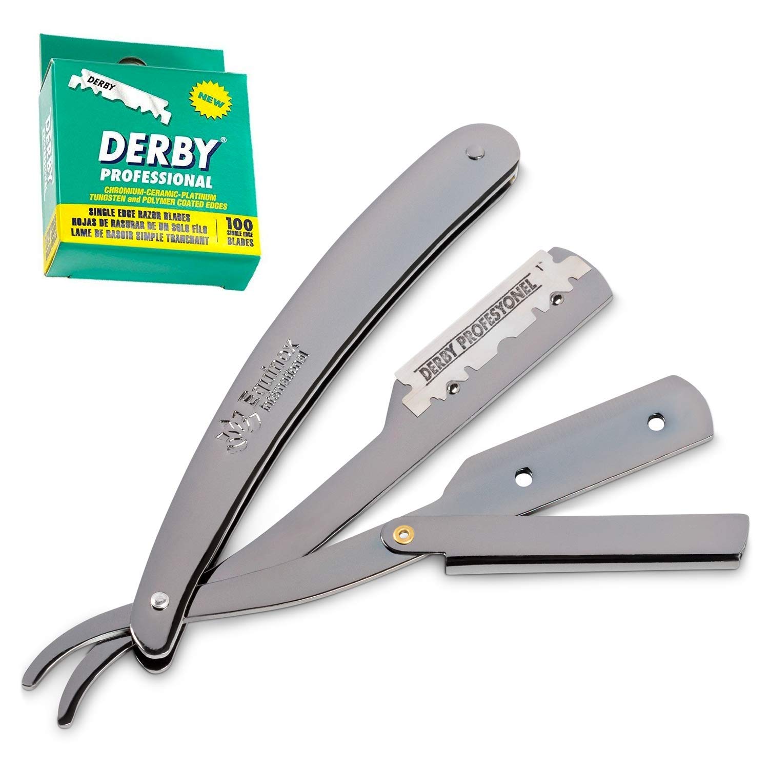 Equinox Professional Gun Metal Straight Edge Razor with 100 Single Edge Derby Blades - Close Shaving Men's Manual Shaver Safety (Gun Metal Edition)