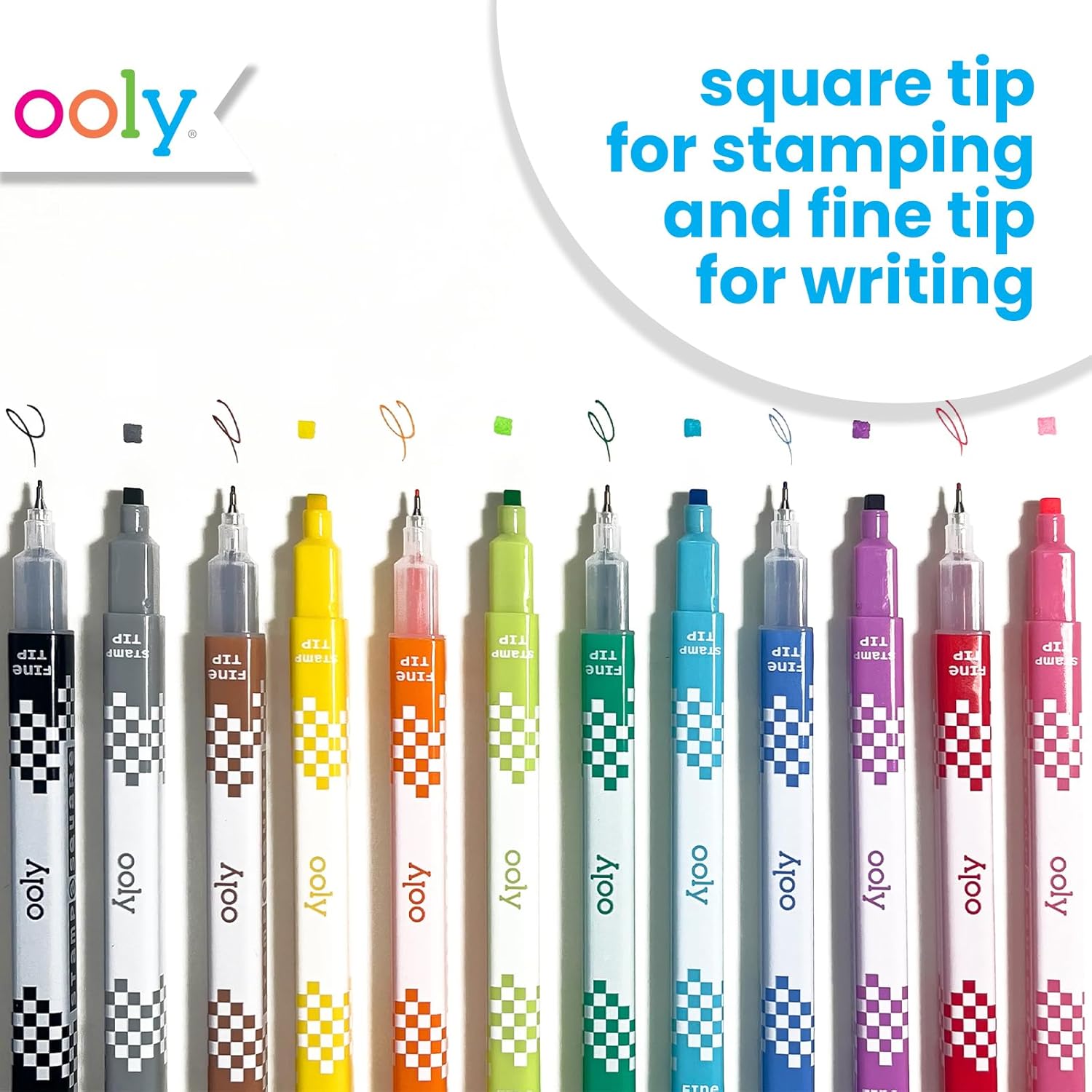 Ooly 12 Double-Sided Square Stamping Markers with a Square Stamp and 0.8mm Fine Point Tip on Each Side, Ideal for Pixel Art, List Making and More