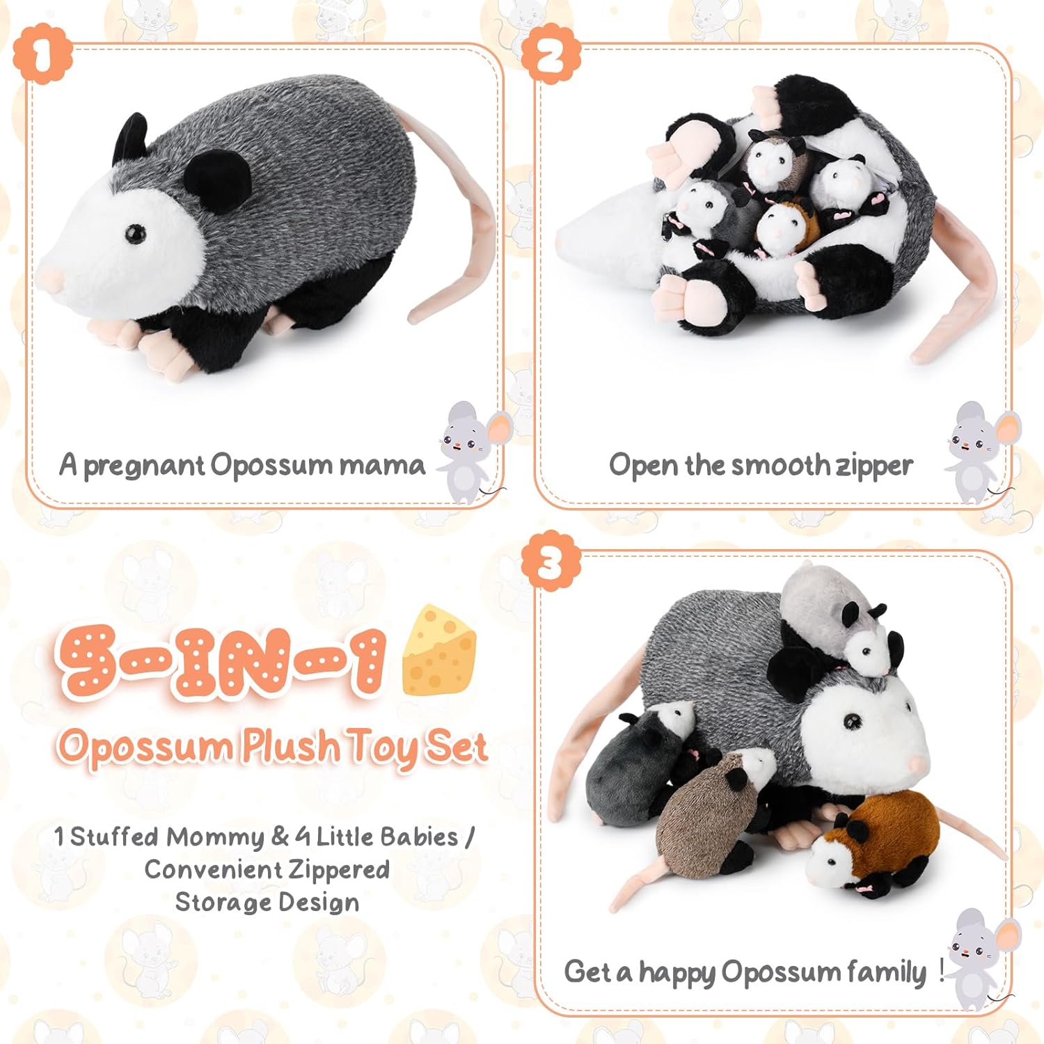 5 Pcs Opossum Stuffed Animals Set: 14'' Large Mommy Possum Plush with 4 Small Babies Opossums in Zippered Tummy Stuffed Plush Toys Gift for Kids Girls Boys Christmas Birthday Possum Lover - Image 3