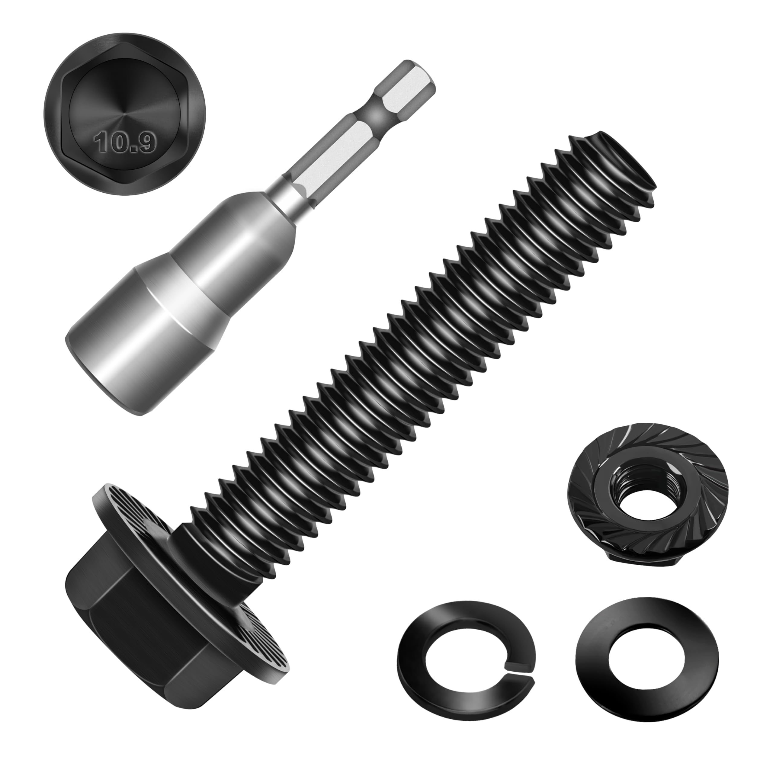 Marysino (10Sets) M6 Bolt x 30mm Flanged Hex Head Bolts, External Flange Hex Drive M6 Screws, Class 10.9 Black Zinc Plated Alloy Steel Metric M6x1.0