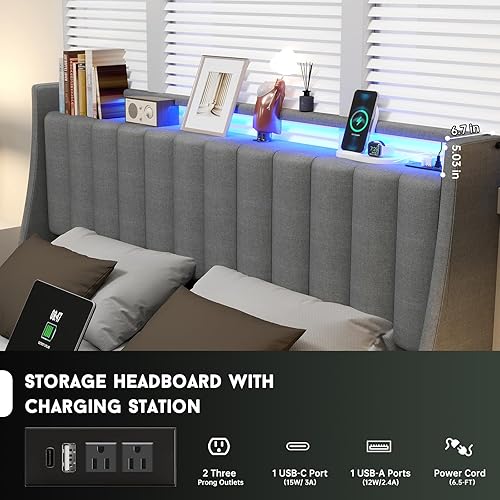 Miniatura 3 de Base de cama Queen con cabecera y 2 cajones de almacenamiento, base de cama de plataforma tamaño Queen tapizada con luces LED y estación de carga,