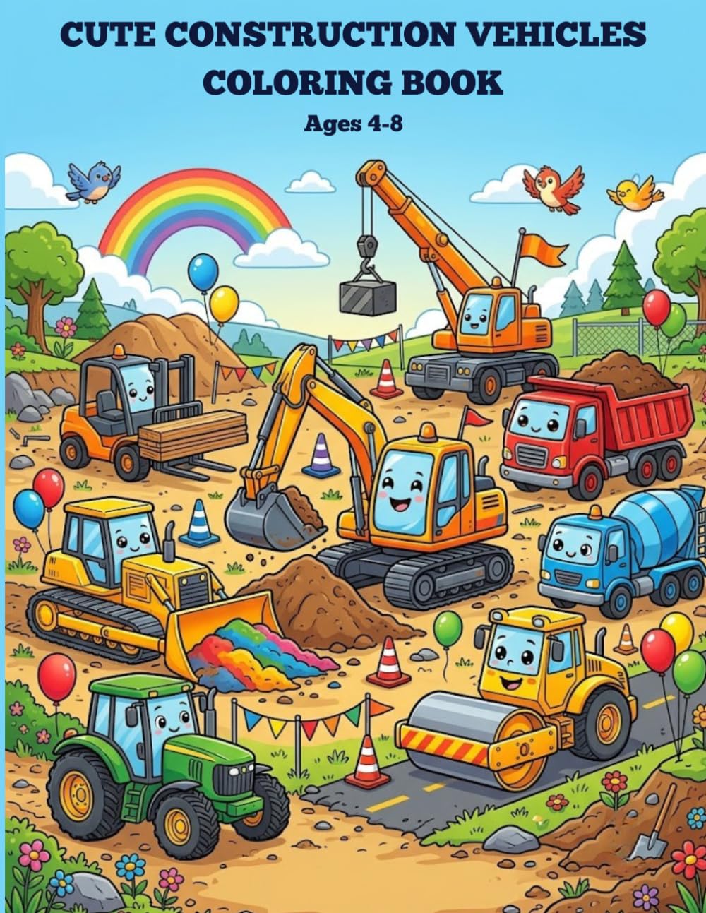 Cute Construction Vehicles Coloring Book: Fun Excavators, Bulldozers, Dump Trucks, Cranes, Forklifts and More!