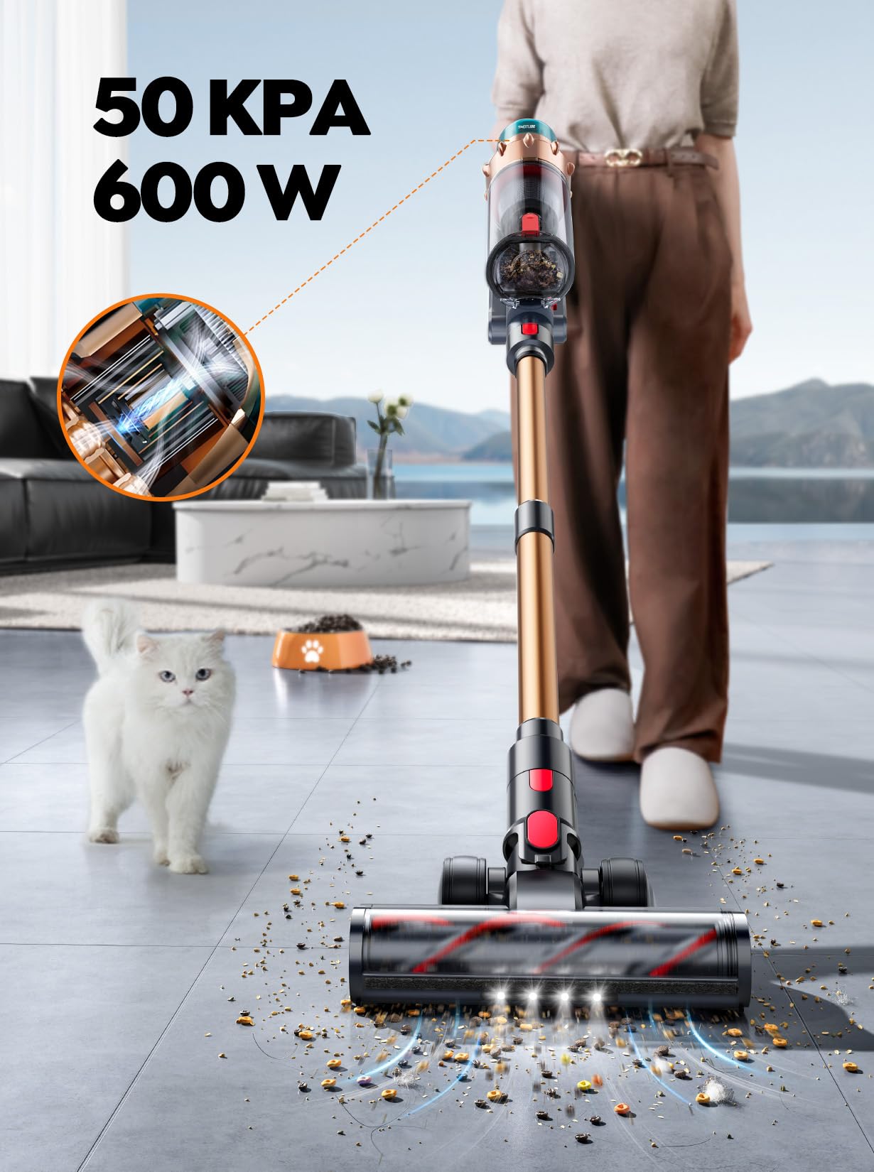 Aspiradora sin Cable 50KPa/600W/65Min(ECO), Aspiradora Escoba Vertical Potente con Cepillo para Colchón, Manguera 1M, Cepillo Anti-Enredo con Luz, Modo Automático, Carga Pared, Coche/Suelos/Alfombras