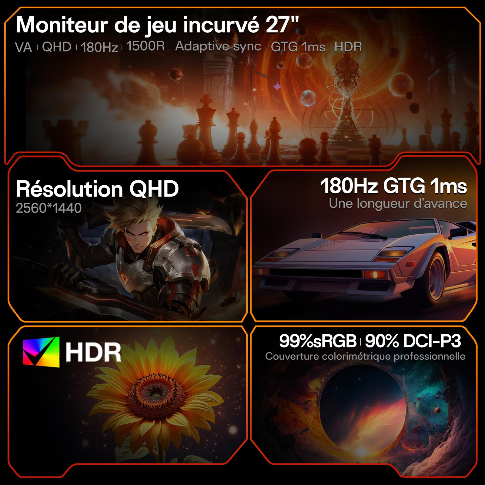 KOORUI 27 Pouces Écran Gaming Incurvé QHD 2560x1440 180 Hz Adaptive-Sync VESA 100x100mm HDMI 2.0 DisplayPort 1.4