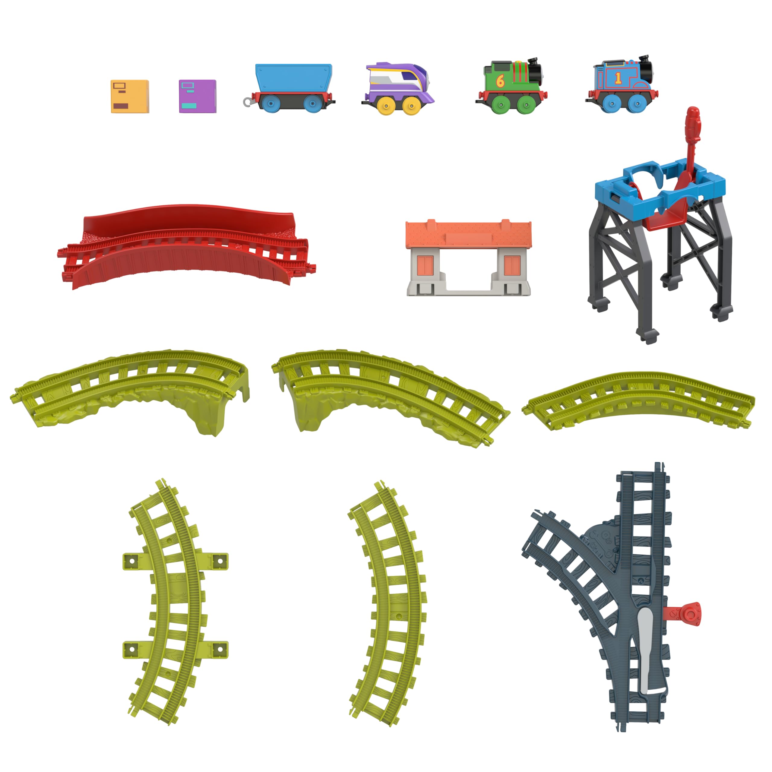 Thomas & Friends - Il Trenino Thomas - Pista Lavoro di Squadra, playset lungo 1,80m con leve degli scambi e di carico/scarico, include 3 locomotive a spinta Thomas, Percy e Kana, 3+ anni, HXV61