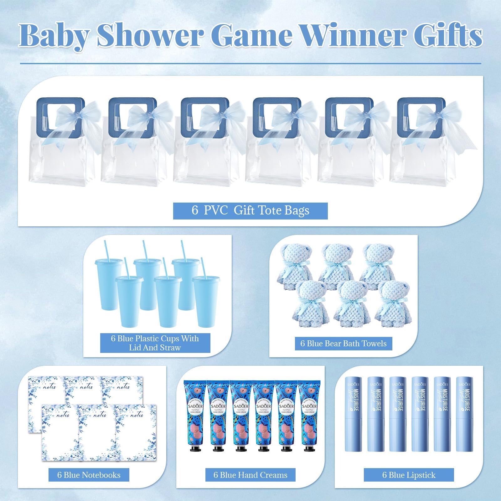 6 juegos de premios de baby shower para ganadores del juego, regalos para baby shower, incluye vasos de plástico, bloc de notas, bálsamos labiales, cremas de manos, toallas de baño de oso, bolsas de
