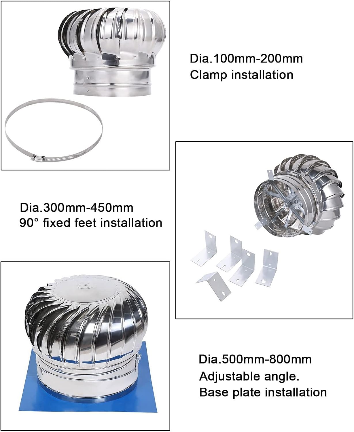 Stainless Steel Roof Turbine for House Chimney/Attic Exhaust Vent, Round Ball Shaped Air Exhaust Cap, Non Power Ventilation Grille Cover (Size : Dia.300mm)