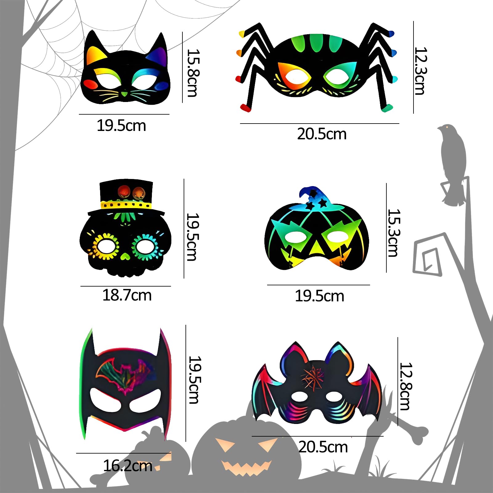 44PCS Mask Making Kit for Kids Rainbow Scratch Masks with Drawing Sticks Mask Strap Halloween Crafts for Kids Halloween Scratch Art for Decoration Game Party - Image 2