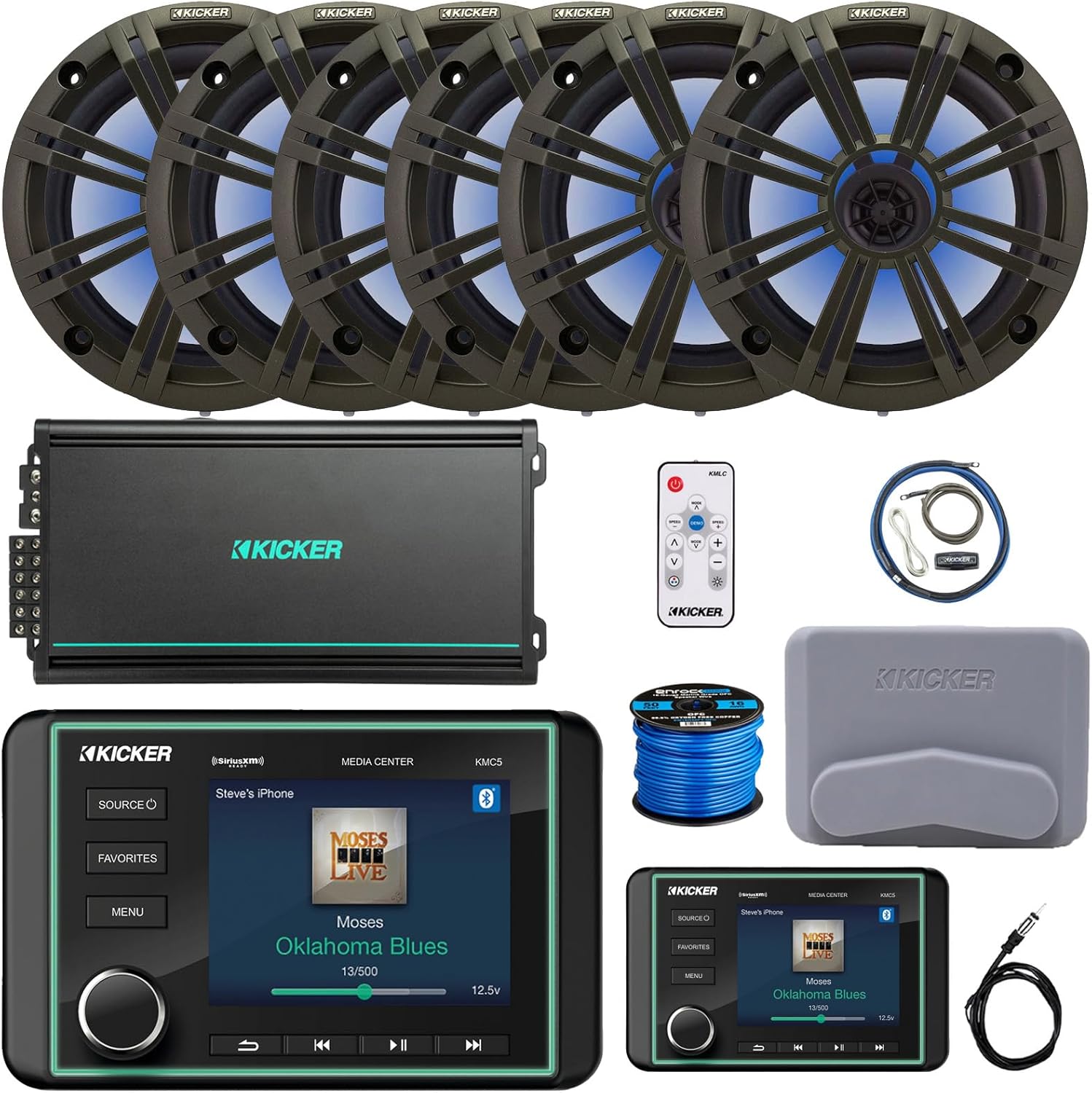 Kicker KMC5 3.5" Marine Bluetooth USB/AUX AM/FM Radio Gauge Style Receiver W/Controller, 6X 6.5 195W Max RGB LED Speakers W/Charcoal Grille + LED Controller, 6-Channel Amplifier W/Kit, Antenna, Wire