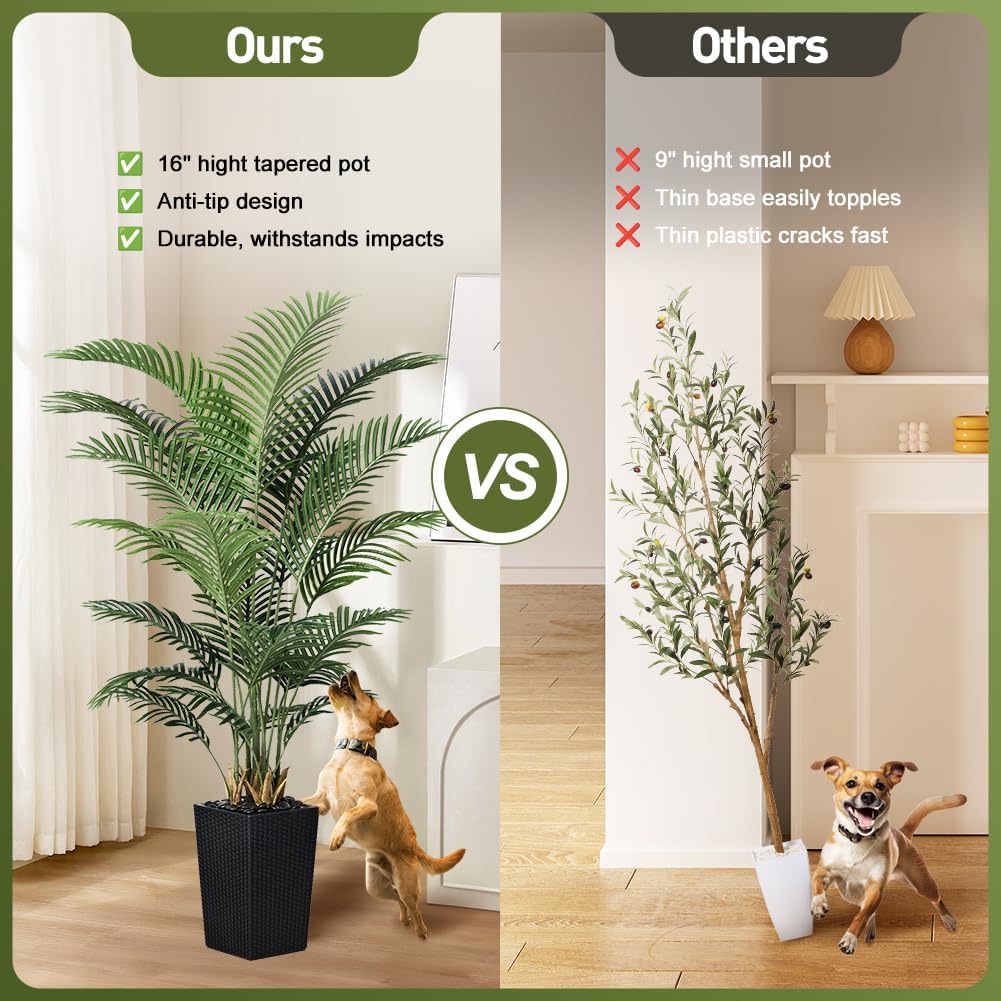 6FT Artificial Palm Tree - Tall Fake Tree with Black Taper Planter & Pebbles, UV Resistant for Indoor & Outdoor Decor - Large Potted Faux Plant for Living Room, Office, Home Decor,VN130