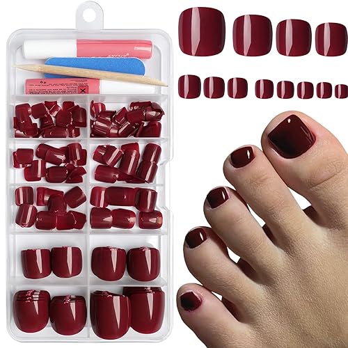 Short Press on Toenails, 240Pcs Burgundy Fake Toes Nails Kit