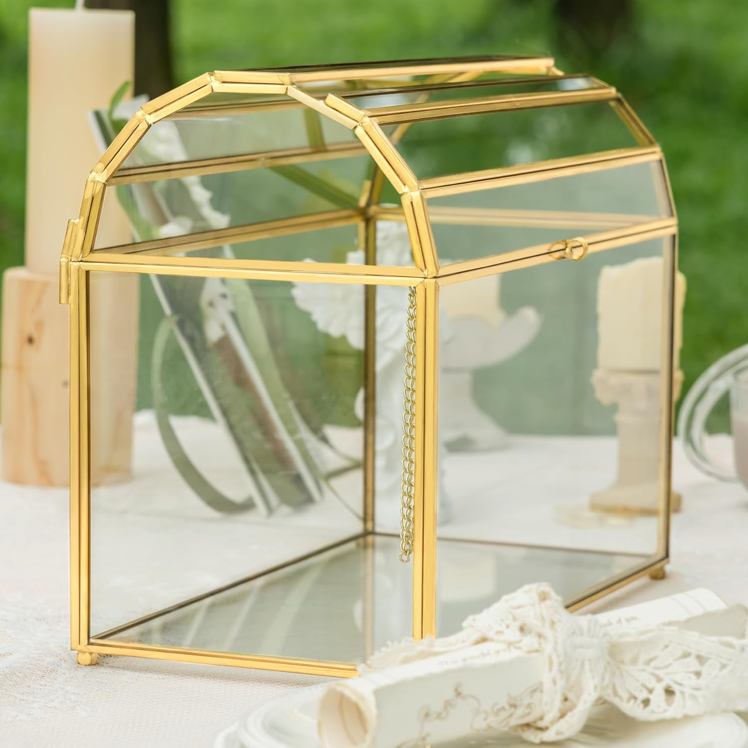 NCYP Wedding Supplies Bundle - 10.2x5.5x8.4 inches Arched Design Gold Card Box with Slot and Lock, and Glass Gold 5x7 inches Table Number Holder, for Wedding, Reception Table (Glass Box, Lock and Fram
