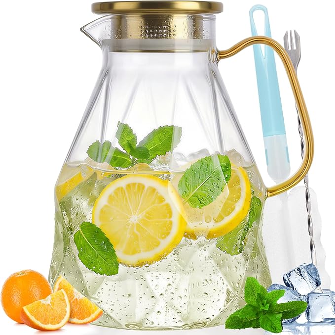 Glass Pitcher, 2.2 Liter Water Pitcher With Lid,Iced Tea Pitcher for Fridge,Carafe With Lid, Glass Water Jug For Juice, Milk, Cold Or Hot Beverages, 2 Quart