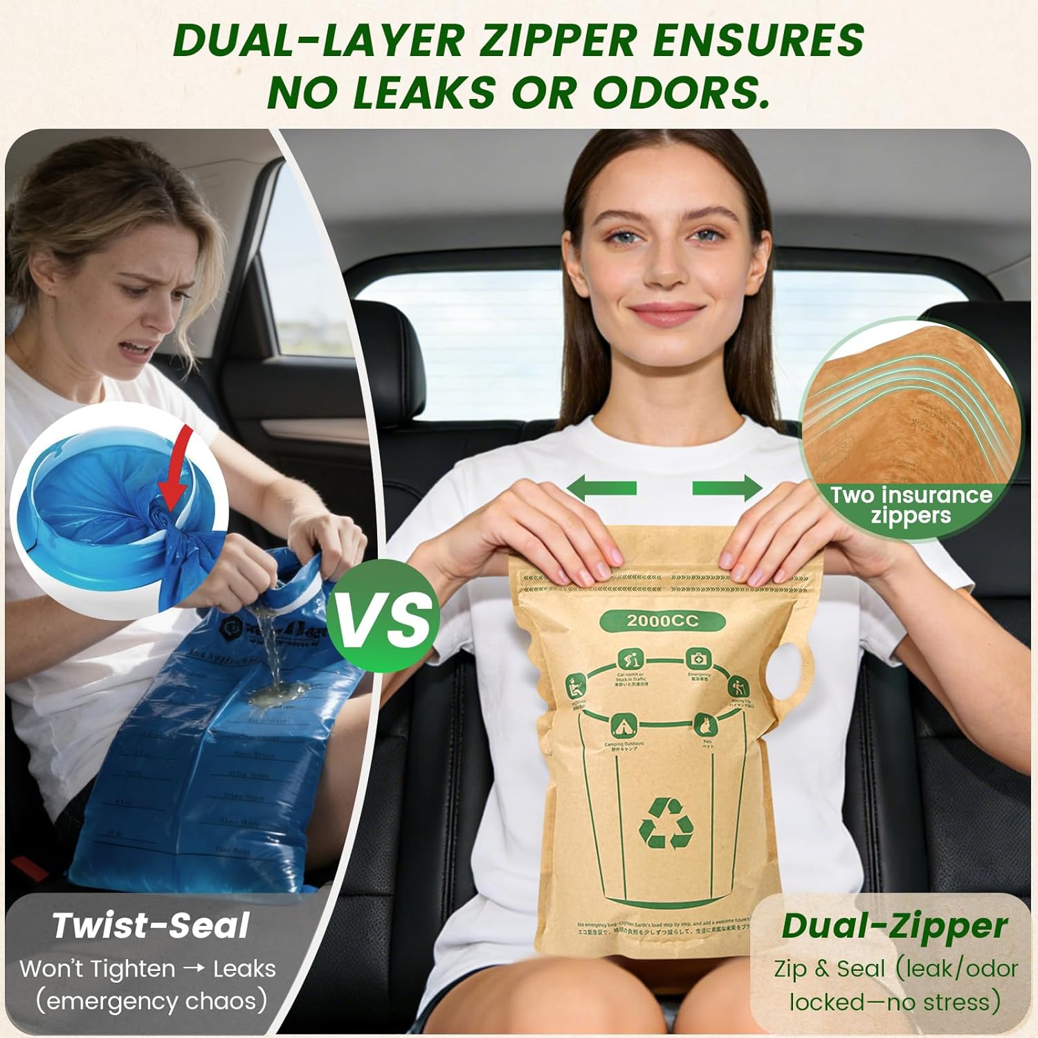Vomit Bags Disposable 2000cc - Leakproof with Water-Resistant Inner Liner, Eco-Friendly FSC-Certified Paper for Adults, Kids, Pregnant Women - Car Travel, Morning & Motion Sickness (25 Pack)
