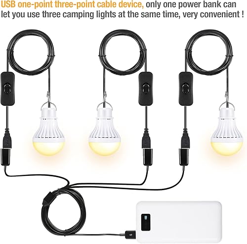 Miniatura 4 de Tuanse 3 bombillas LED USB, luces de campamento portátiles de 5 W con cable divisor USB de 1 a 3, cable de 8.2 pies de longitud extra para tienda de